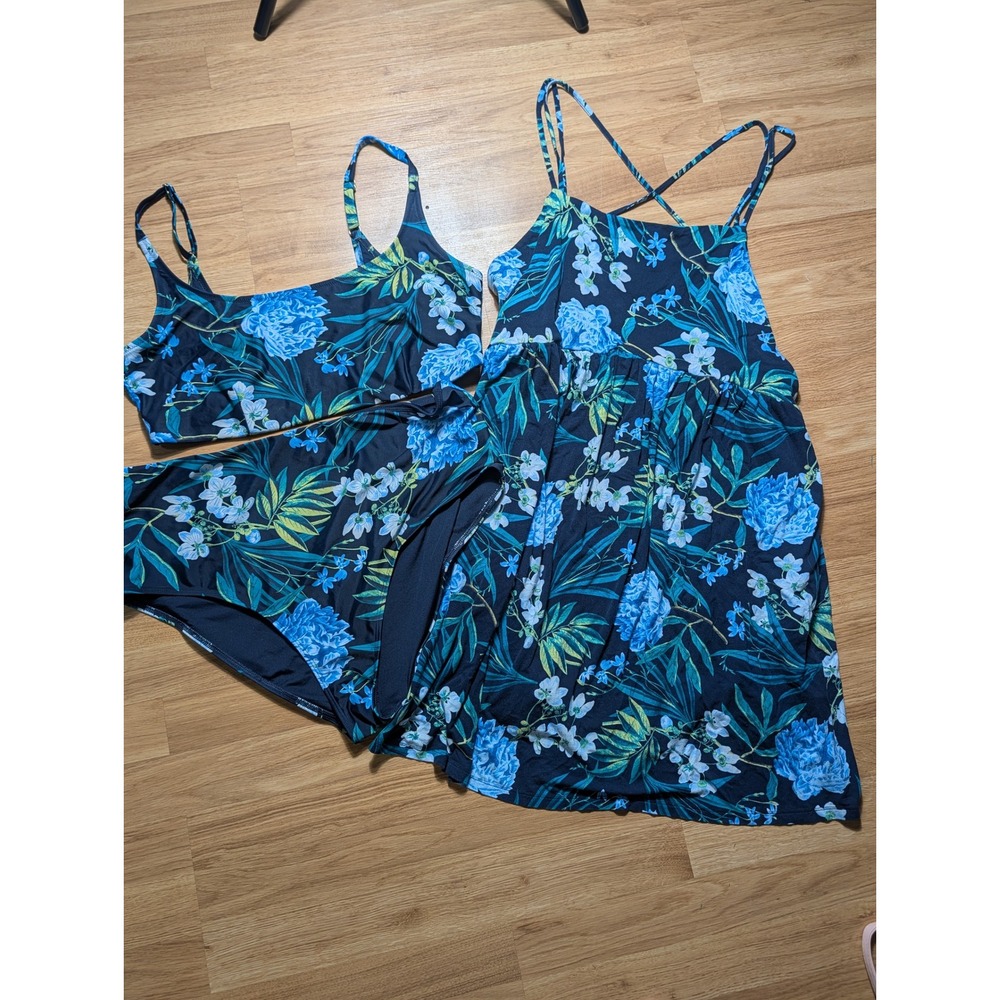 Old Navy Womens 3 Piece Bikini Set & Cover Up Dress Size 2X Blue Floral Plus 684